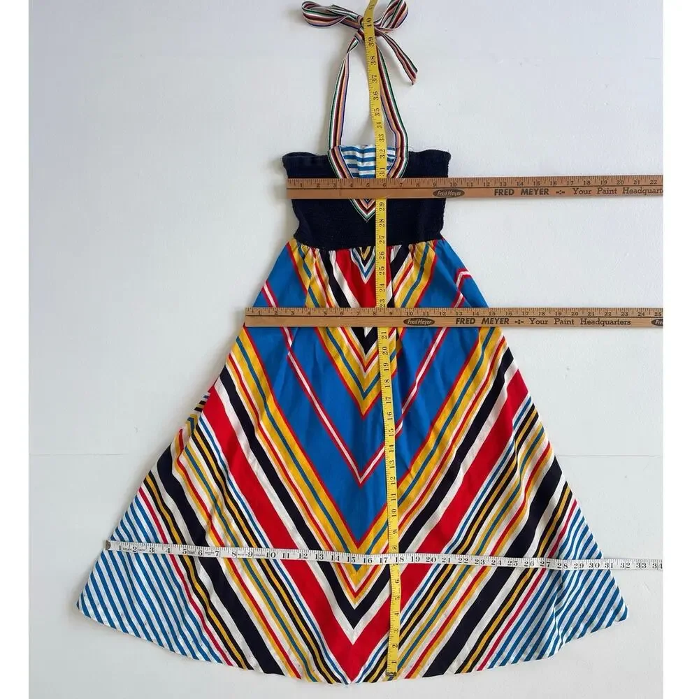 Vtg 70s Chevron Ruched Halter Sun Dress / XXS Women / Girls / Handmade Retro